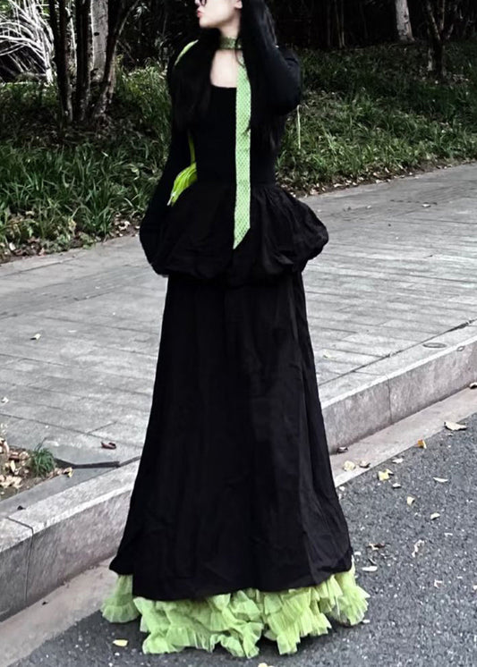 Slim Fit Black O Neck High Waist Solid Cotton Long Dress Spring