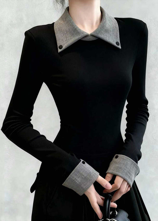 Slim Fit Black Peter Pan Collar False Two Pieces Patchwork Cotton T Shirts Spring