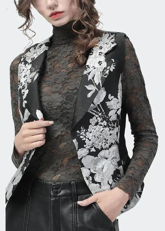 Slim Fit Schwarz Peter Pan Kragen taste Print Weste Tops Frühling