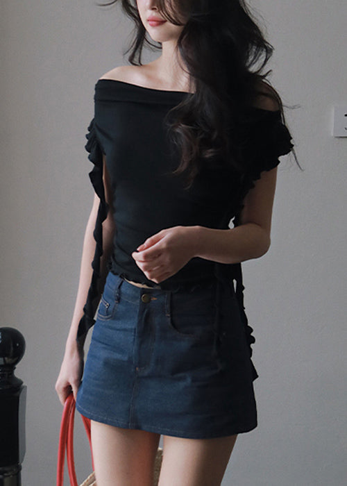 Slim Fit Black Slash Neck Ruffled Cotton T Shirt Summer