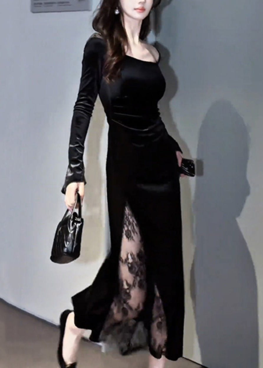 Slim Fit Black Square Collar Lace Patchwork Silk Velvet Long Dress Fall
