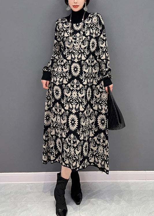 Slim Fit Schwarz Rollkragen Print Strickpullover Kleider Winter