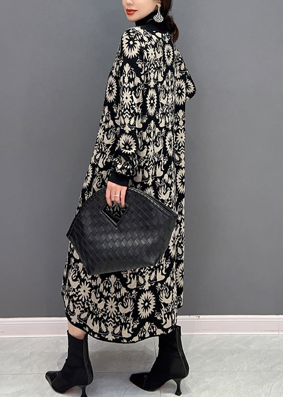 Slim Fit Schwarz Rollkragen Print Strickpullover Kleider Winter