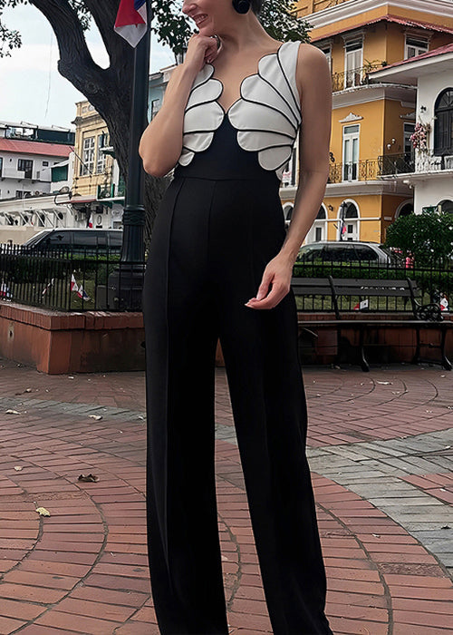 Slim Fit Black V Neck Patchwork Cotton Jumpsuit Sleeveless