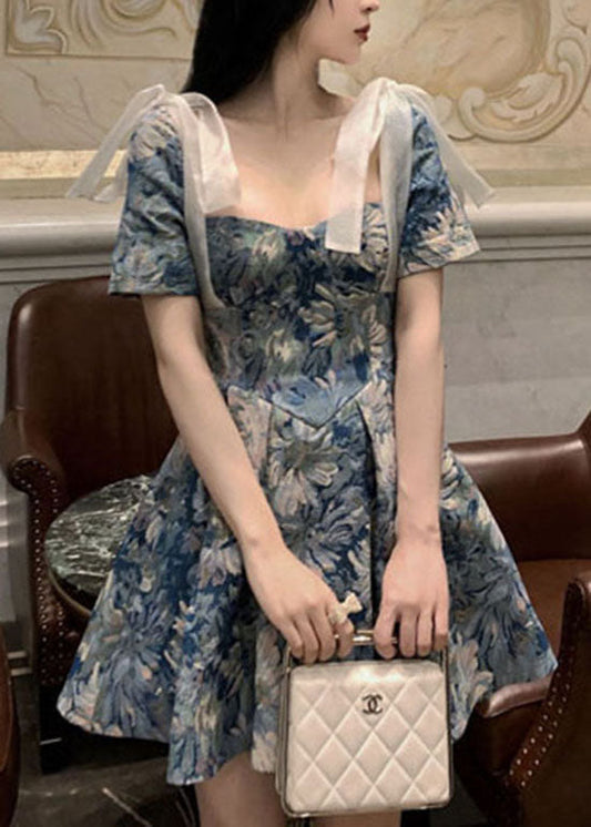 Slim Fit Blaue Schleife Cinched Print Kurze Kleider Kurzarm