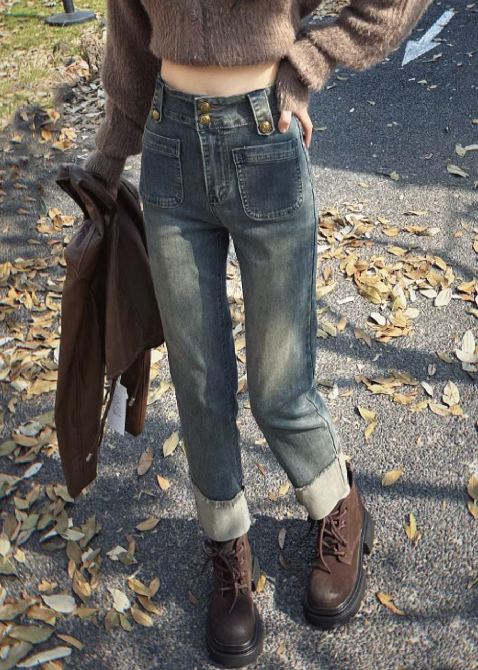 Schmal geschnittene, blaue Jeans mit Taschen, hoher Bund, Cropped-Hose für den Frühling