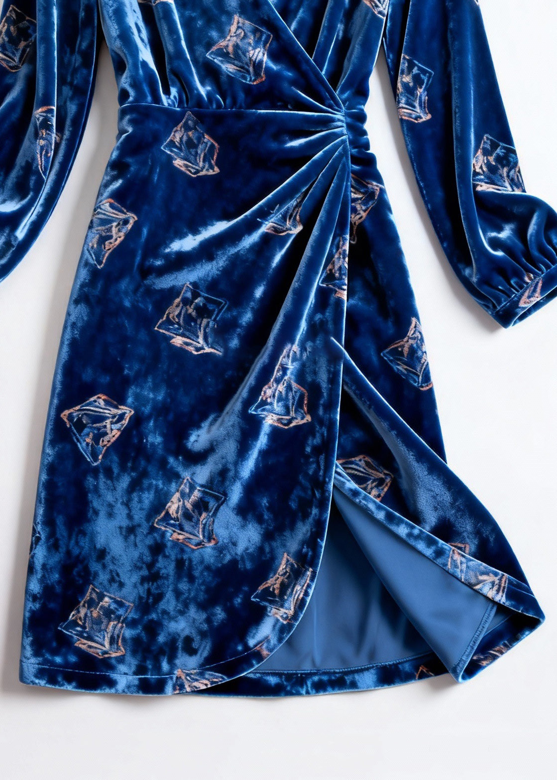 Slim Fit Blue Print Wrinkled Silk Velvet Dress Spring