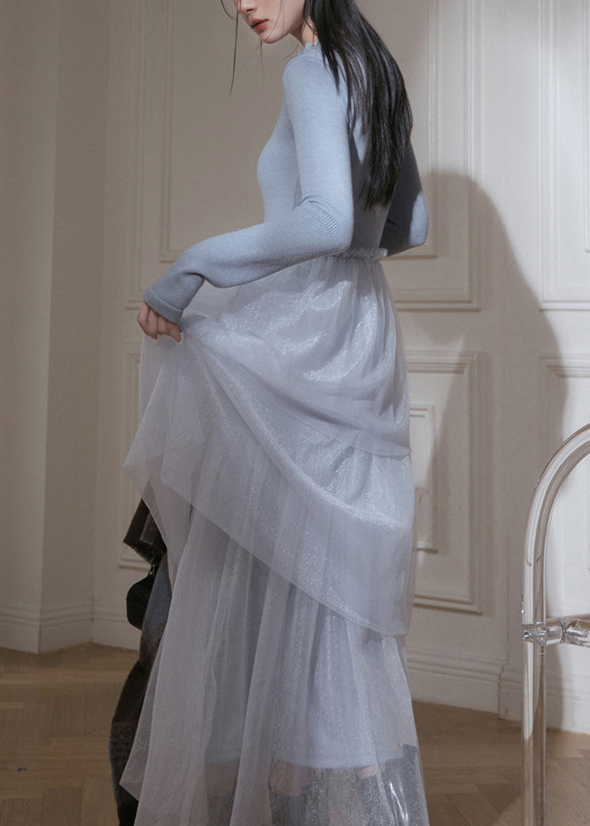 Vestidos largos de punto de patchwork de tul con volantes azules y corte entallado para primavera