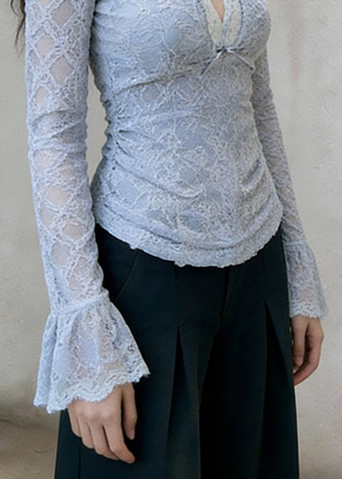 Slim Fit Blue V Neck Bow Lace T Shirt Flare Sleeve