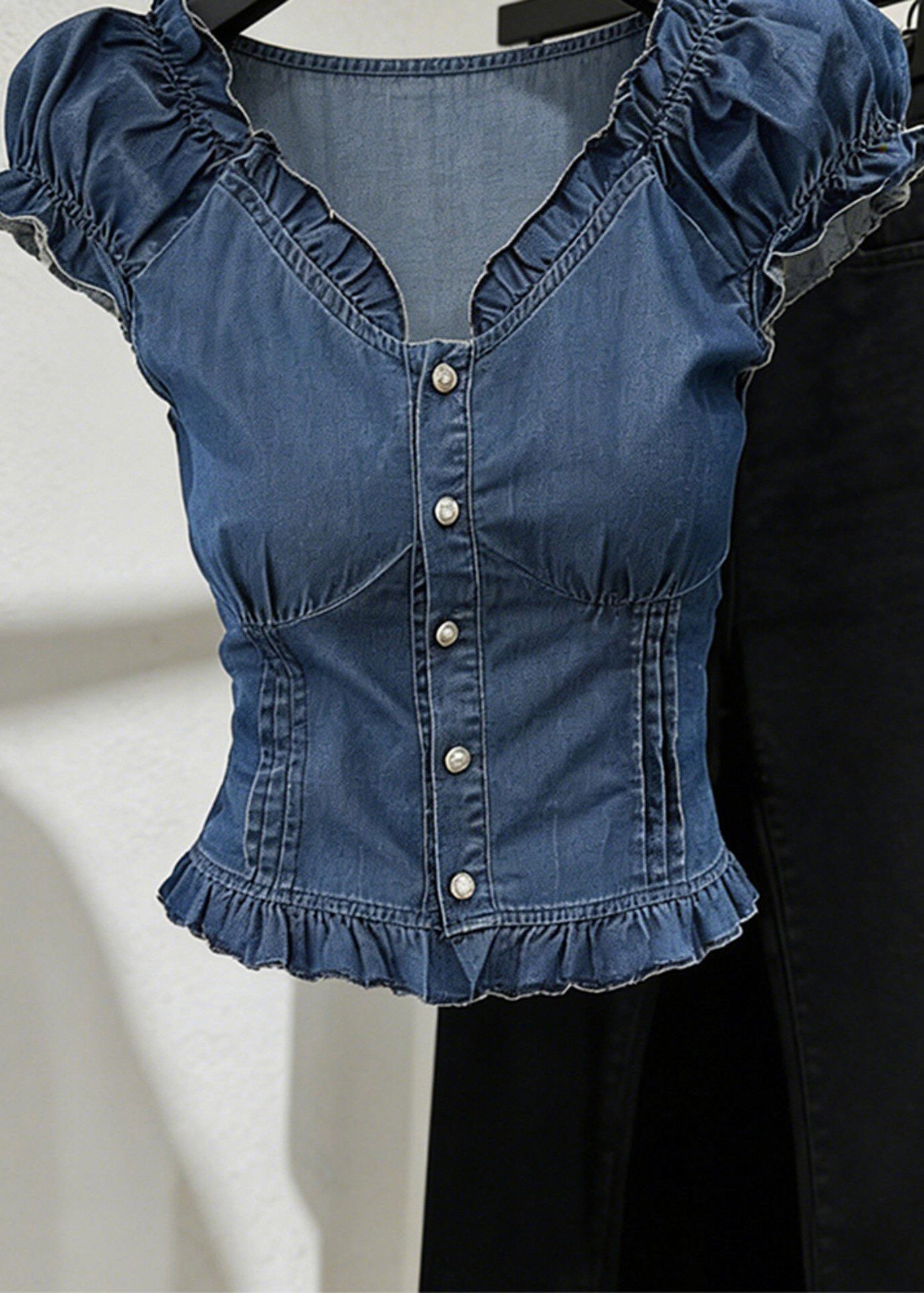 Slim Fit Blue V Neck Ruffled Denim Shirt Short Sleeve