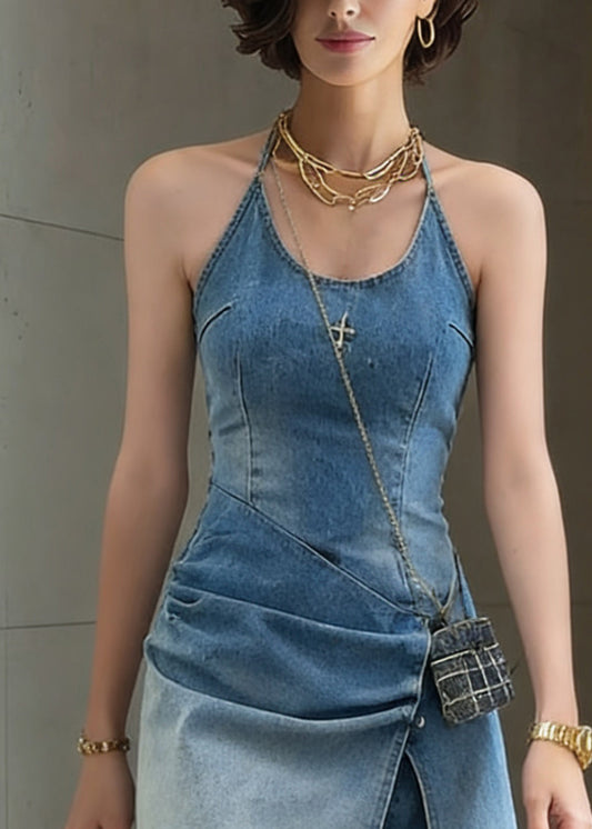 Slim Fit Blue Wrinkled Side Open Denim Mid Dress Sleeveless