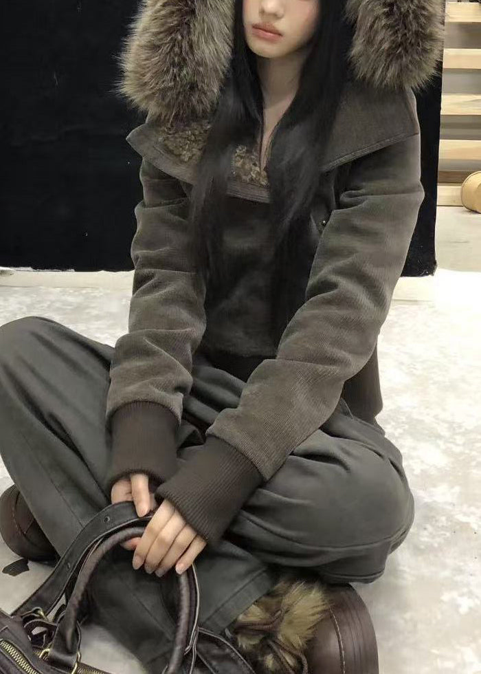 Slim Fit Brown Hooded Zippered Patchwork Warm Fleece Parka Winter