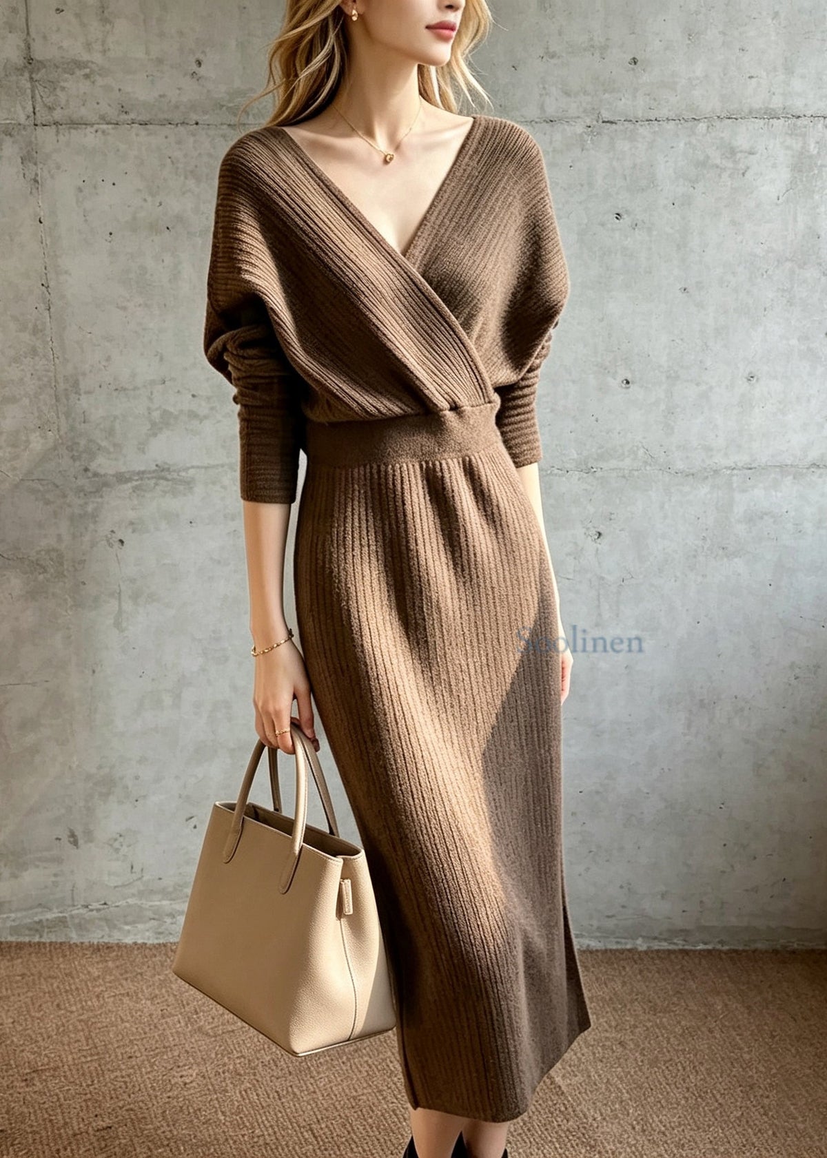 Slim Fit Coffee V Neck Knit Dress Batwing Sleeve
