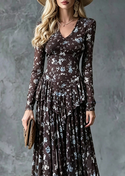 Slim Fit Coffee V Neck Print Tie Waist Long Dress Fall