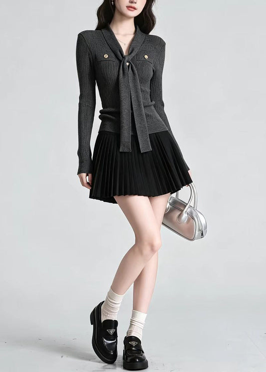 Slim Fit Dark Gray V Neck Tie Knit Top Long sleeve