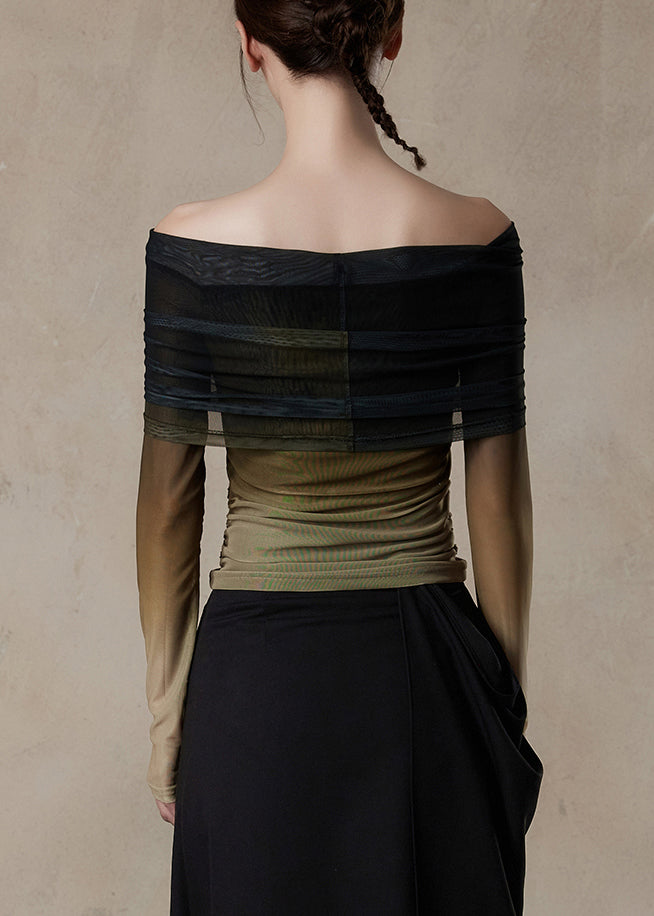 Camiseta de tul con cuello oblicuo y degradado de color, corte entallado, primavera
