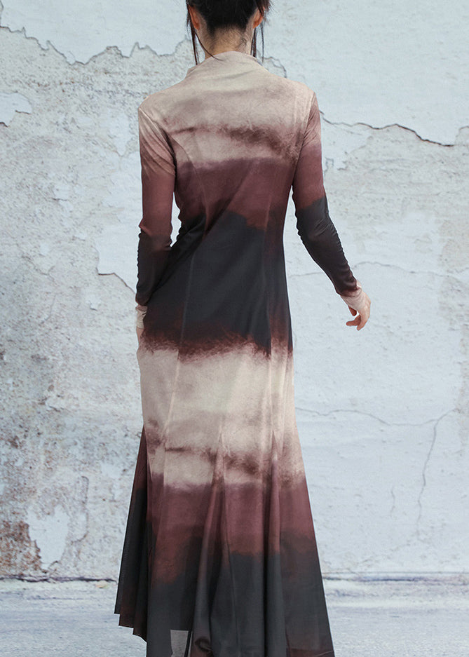 Schmal geschnittene, farbverlaufende Rollkragen-Tüllkleider, lange Frühlingskleider