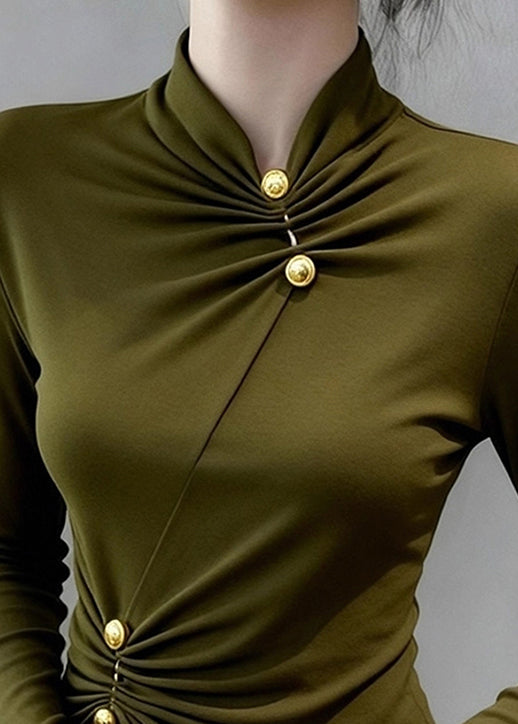 Slim Fit Green Original Design Wrinkled Cotton T Shirts Fall