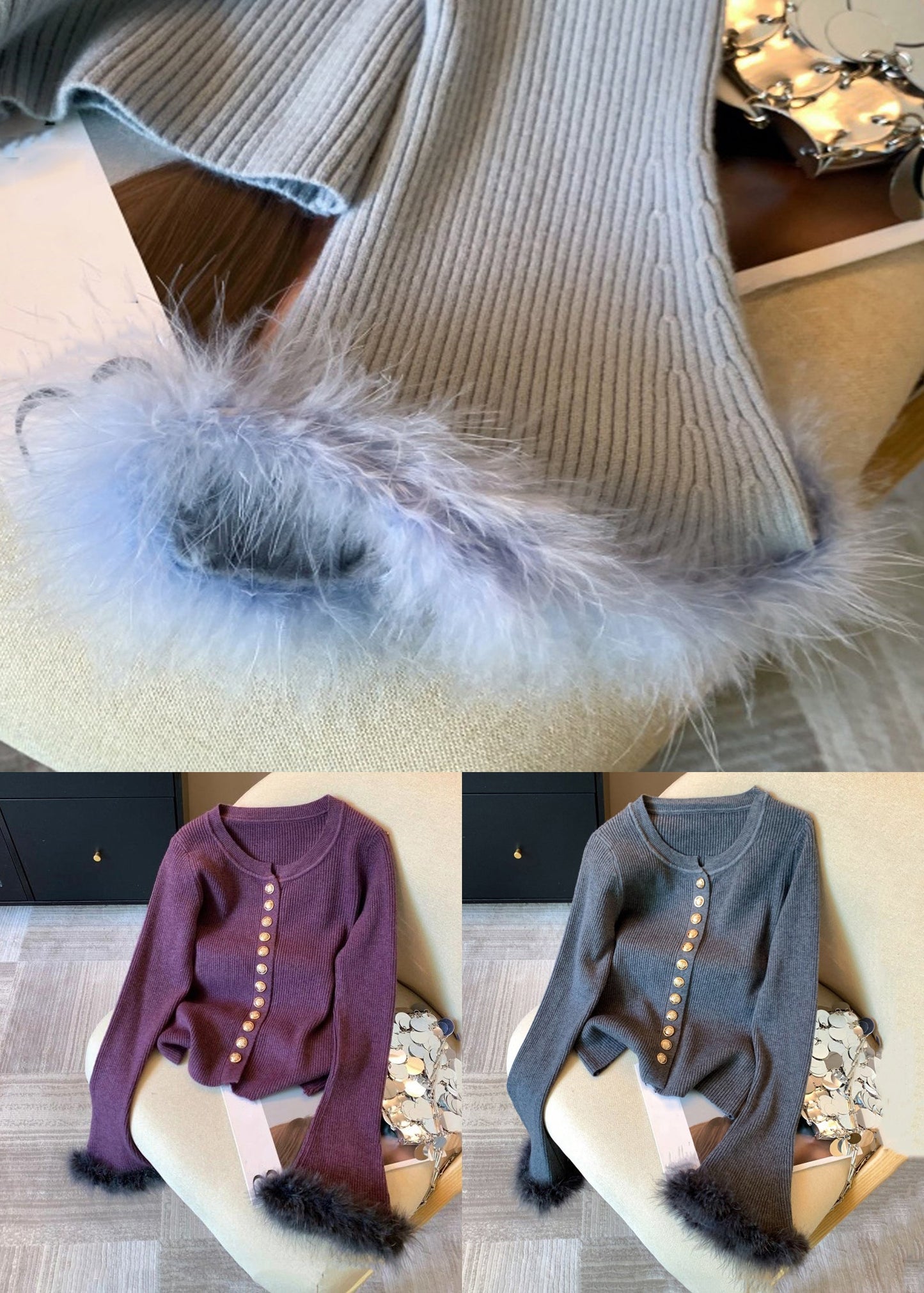 Slim Fit Grey Fluffy Patchwork Knit Sweaters Flare Sleeve