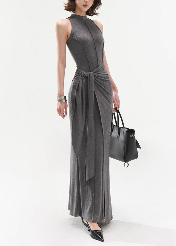 Slim Fit Grey Original Design Tie Waist Cotton Long Dresses Sleeveless