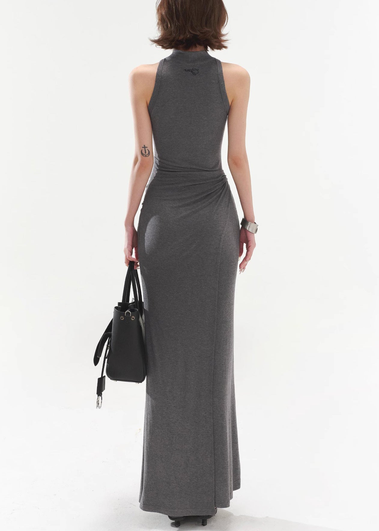 Slim Fit Grey Original Design Tie Waist Cotton Long Dresses Sleeveless