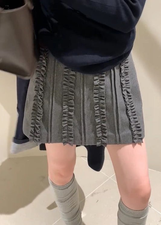 Slim Fit Grey Ruffled High Waist Woolen Skirts Fall
