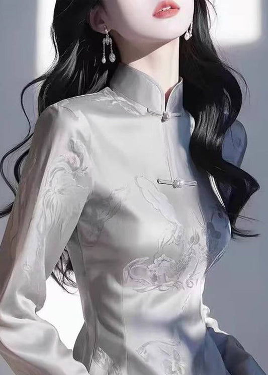 Slim Fit Grey Stand Collar Print Tops Fall