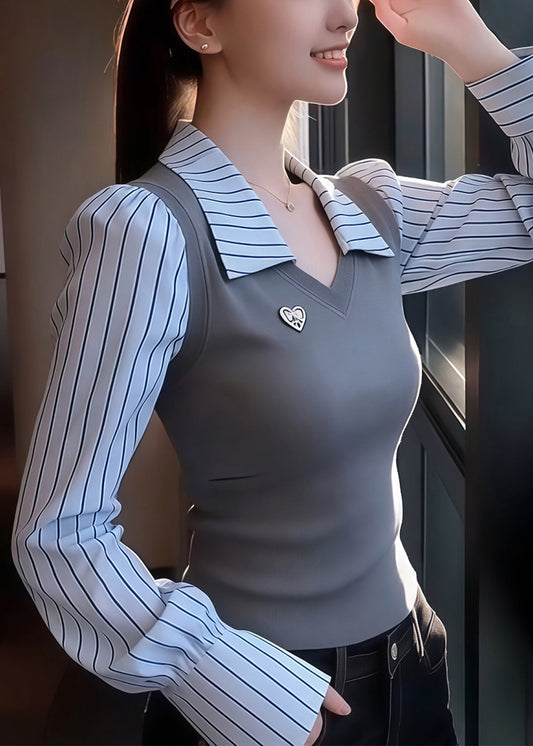 Slim Fit Grey Striped False Two Pieces Patchwork Knit Sweaters Winter