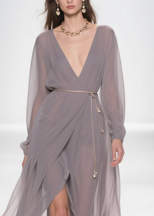 Slim Fit Grey V Neck Side Open Chiffon Long Dress