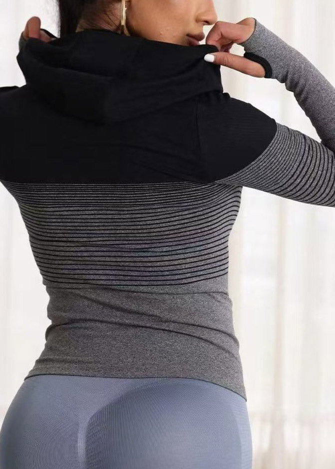Slim Fit Grey Zippered Striped Yoga Top Spring