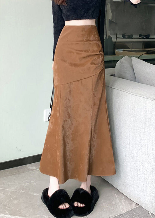 Slim Fit Khaki Zip Up High Waist Silk Velvet Skirts Spring