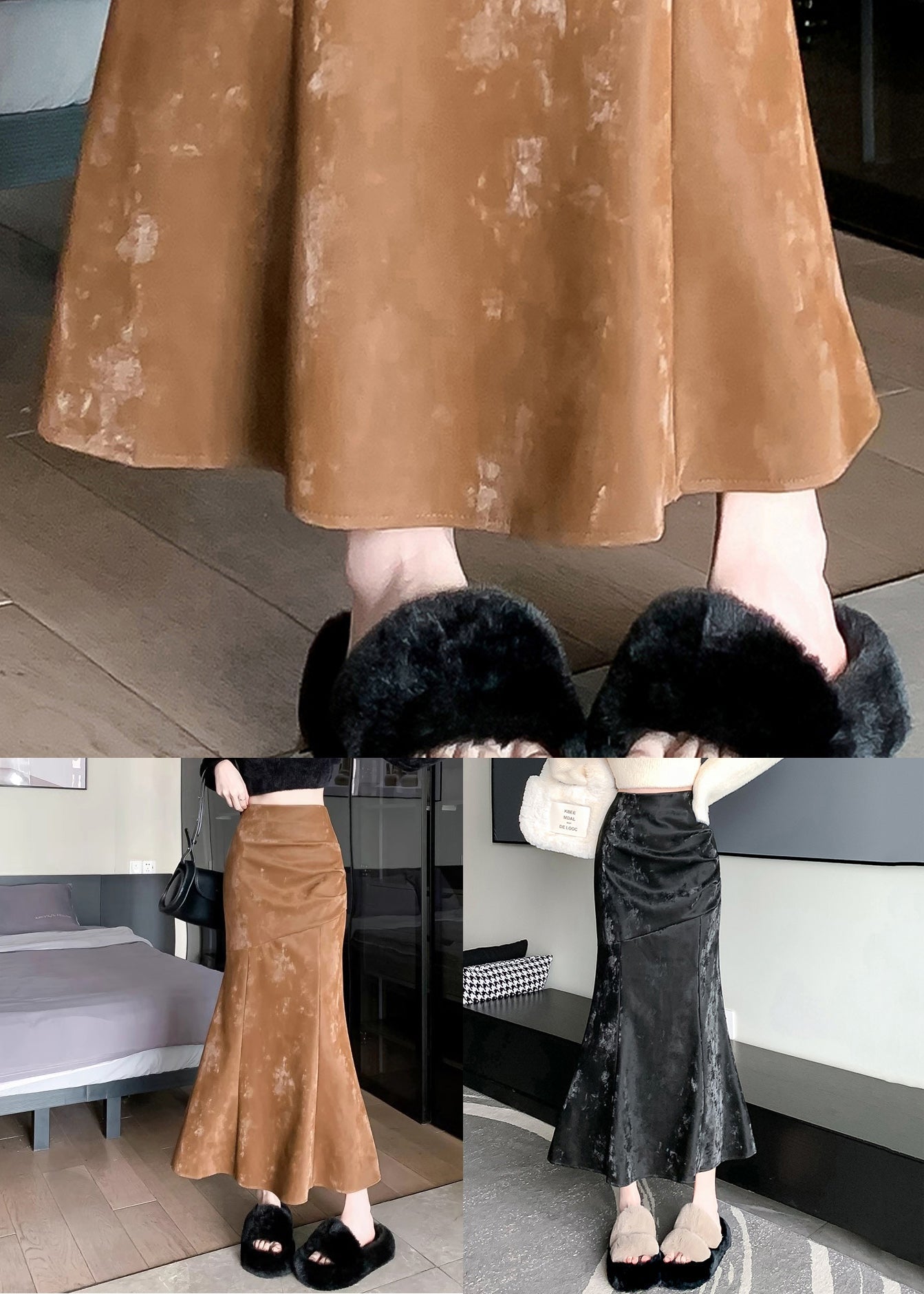 Slim Fit Khaki Zip Up High Waist Silk Velvet Skirts Spring