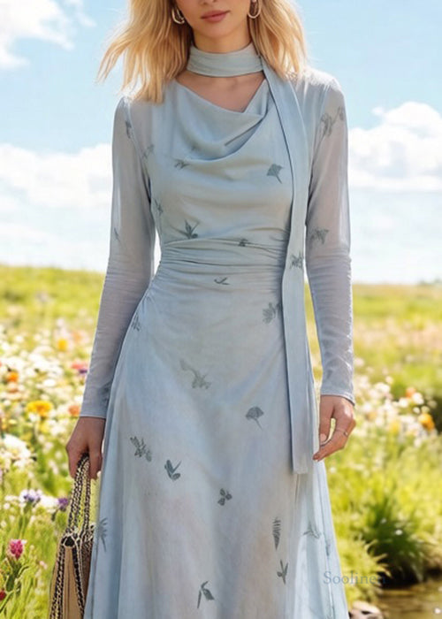 Slim Fit Light Blue Bow Print Cinched Tulle Long Dress Spring