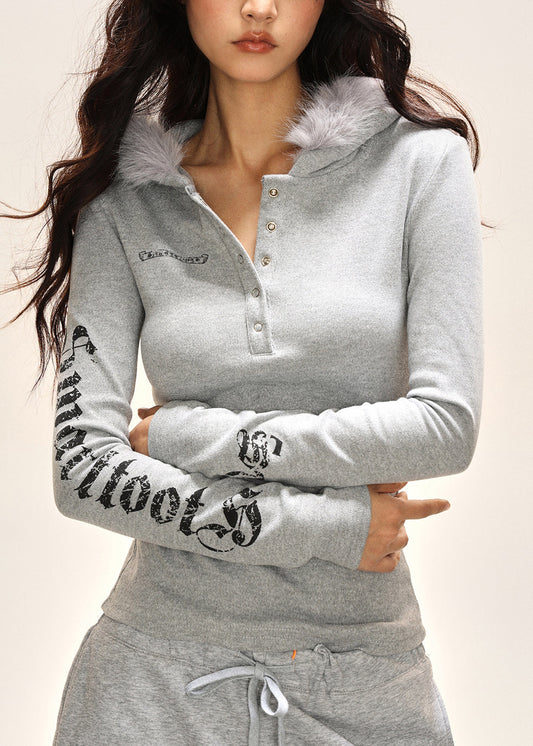 Slim Fit Light Grey Print Hooded Shirts Long Sleeve