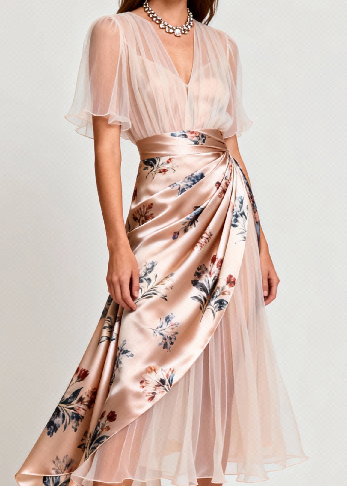 Slim Fit Light Pink V Neck Print Tulle Patchwork Dresses Summer