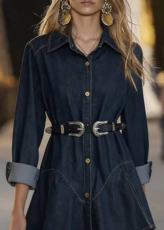 Slim Fit Navy Peter Pan Collar Sashes Denim Mid Dress