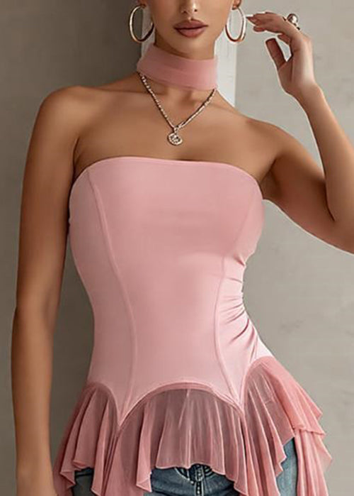 Slim Fit Pink Asymmetrical Tasseled Patchwork Cotton Tank Sleeveless