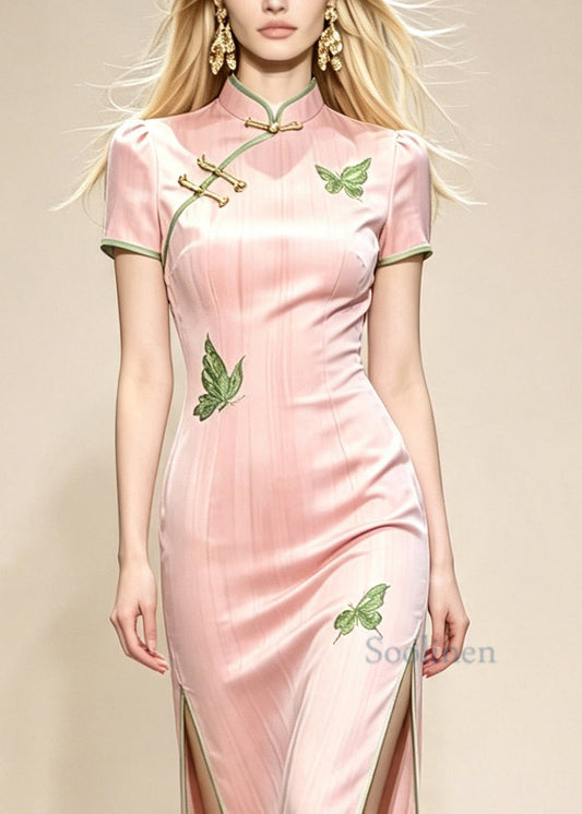 Slim Fit Pink Mandarin Collar Side Open Maxi Dresses Short Sleeve