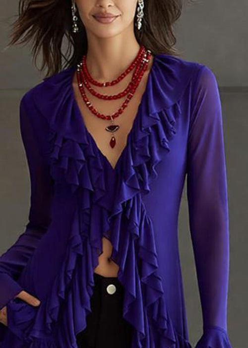 Slim Fit Purple V Neck Ruffled Solid Tulle Top Flare Sleeve