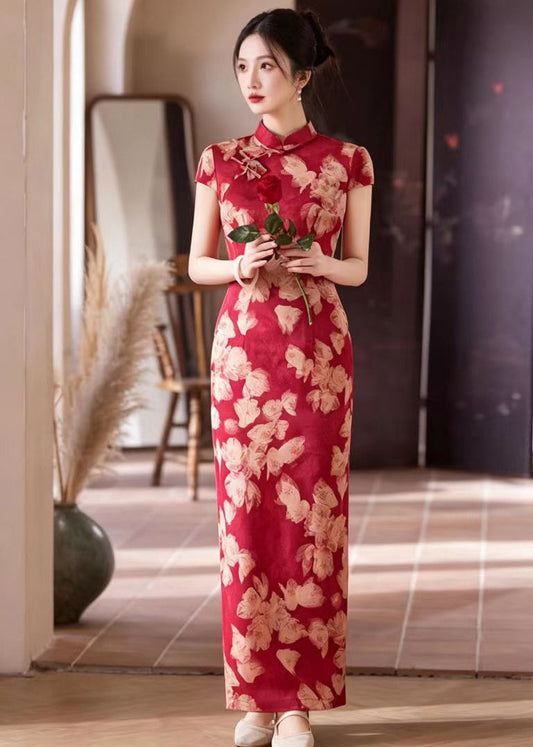 Slim Fit Red Print Mandarin Collar Chinese Buttons Side Open Dresses Summer