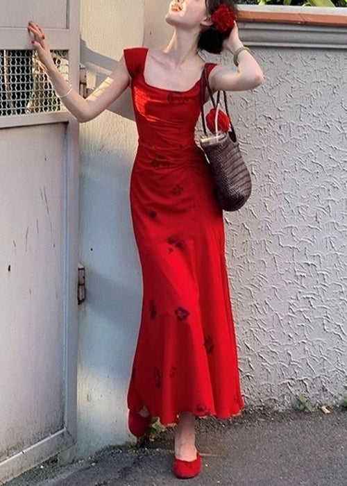 Slim Fit Rotes, quadratisches Kragen-Print-Baumwoll-Langes Kleid Sommer