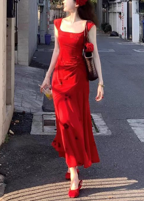 Slim Fit Rotes, quadratisches Kragen-Print-Baumwoll-Langes Kleid Sommer