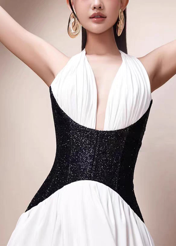 Slim Fit White Backless Patchwork Long Dress Sleeveless