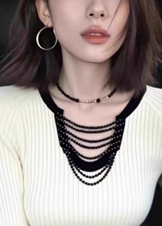 Slim Fit White Beading Hollow Out Knit Top Spring