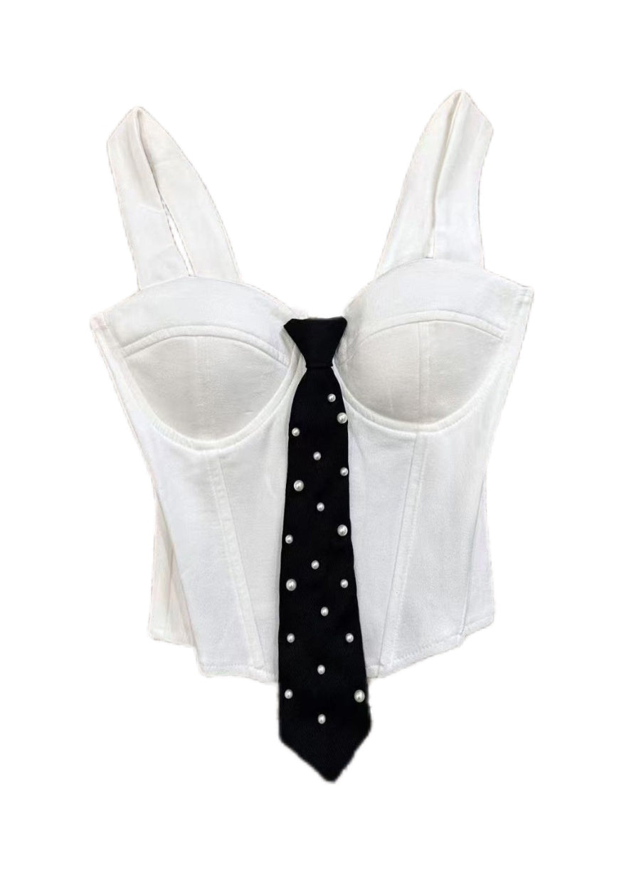 Slim Fit White Bustier Pearl Necktie Cotton Tops Summer
