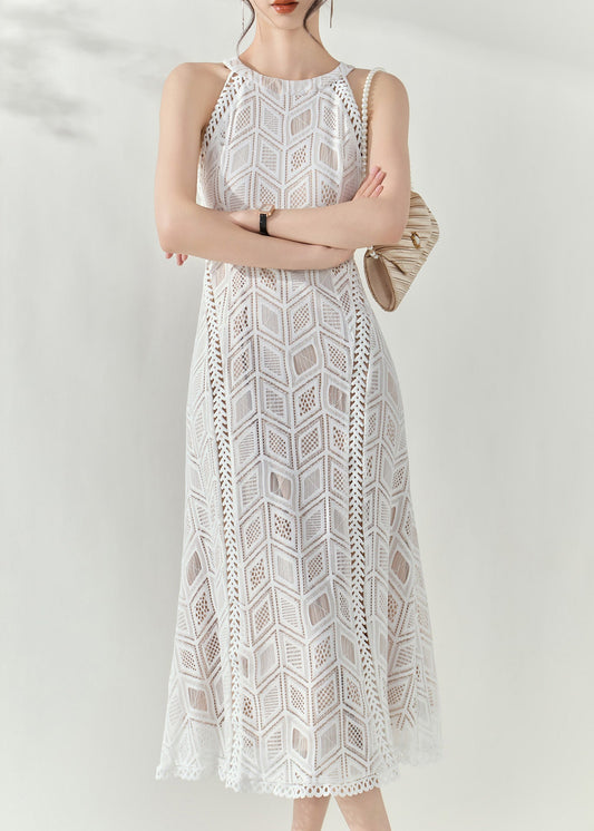 Slim Fit White Halter Hollow Out Lace Long Dresses Summer