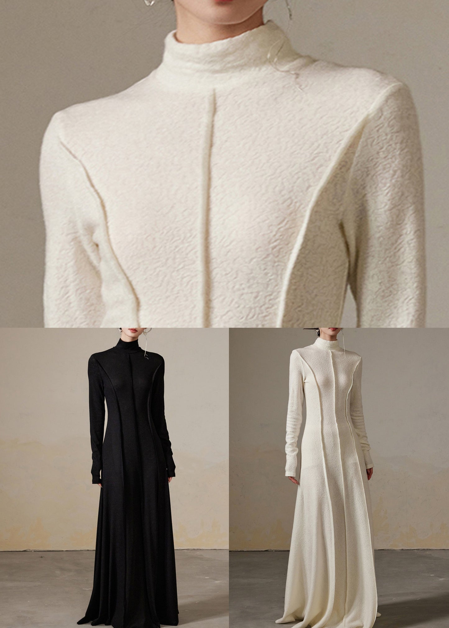 Schmal geschnittenes, weißes, langes Baumwollkleid mit Rollkragen und hoher Taille für den Winter