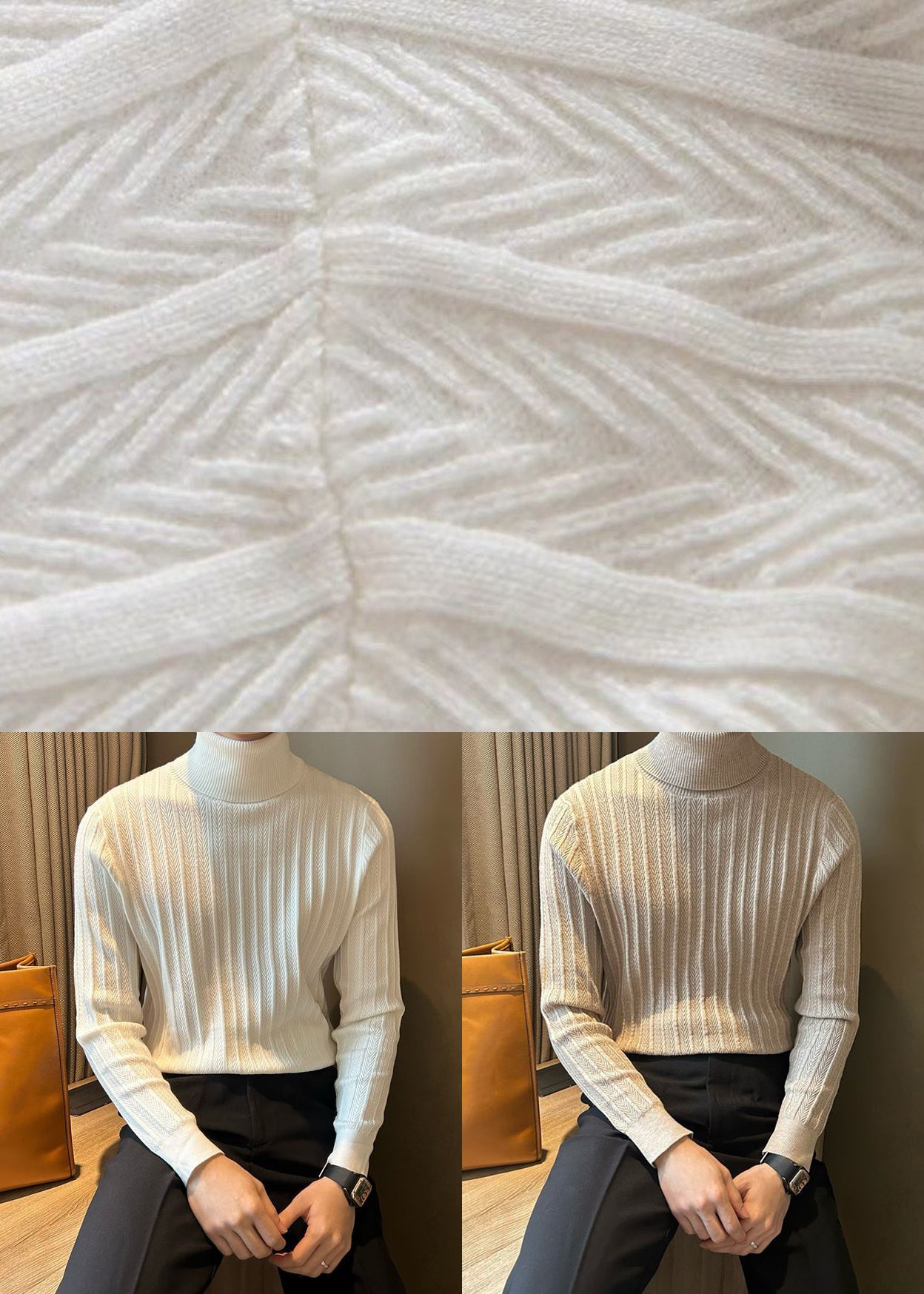 Slim Fit White Turtleneck Striped Knit Mens Sweaters Winter