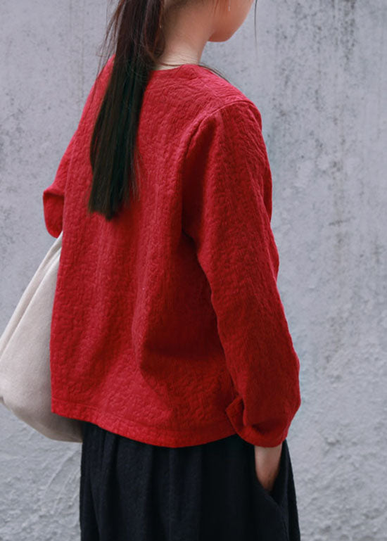 Solide Mulberry O-Ausschnitt Jacquard Leinen Tops Langarm