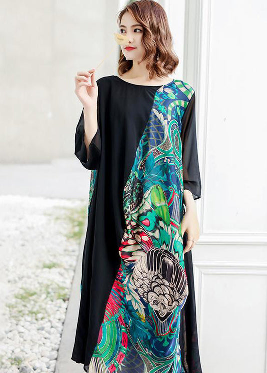 Loses Vintage-Midikleid mit gespleißtem Druck im Frühling